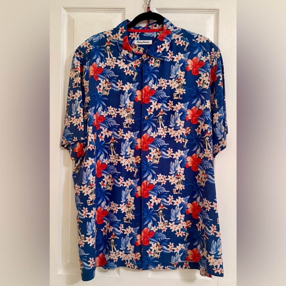 Tommy Bahama Blue Tropical Floral Camp Shirt with Red Blossoms, XL